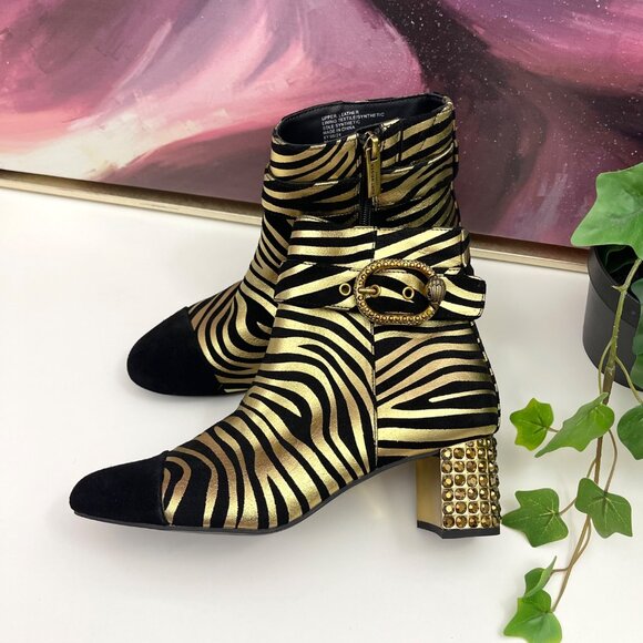 KURT GEIGER LONDON MAYFAIR ANKLE BOOT in Black Gold zebra printed Size 36/ US 6 - Picture 1 of 15
